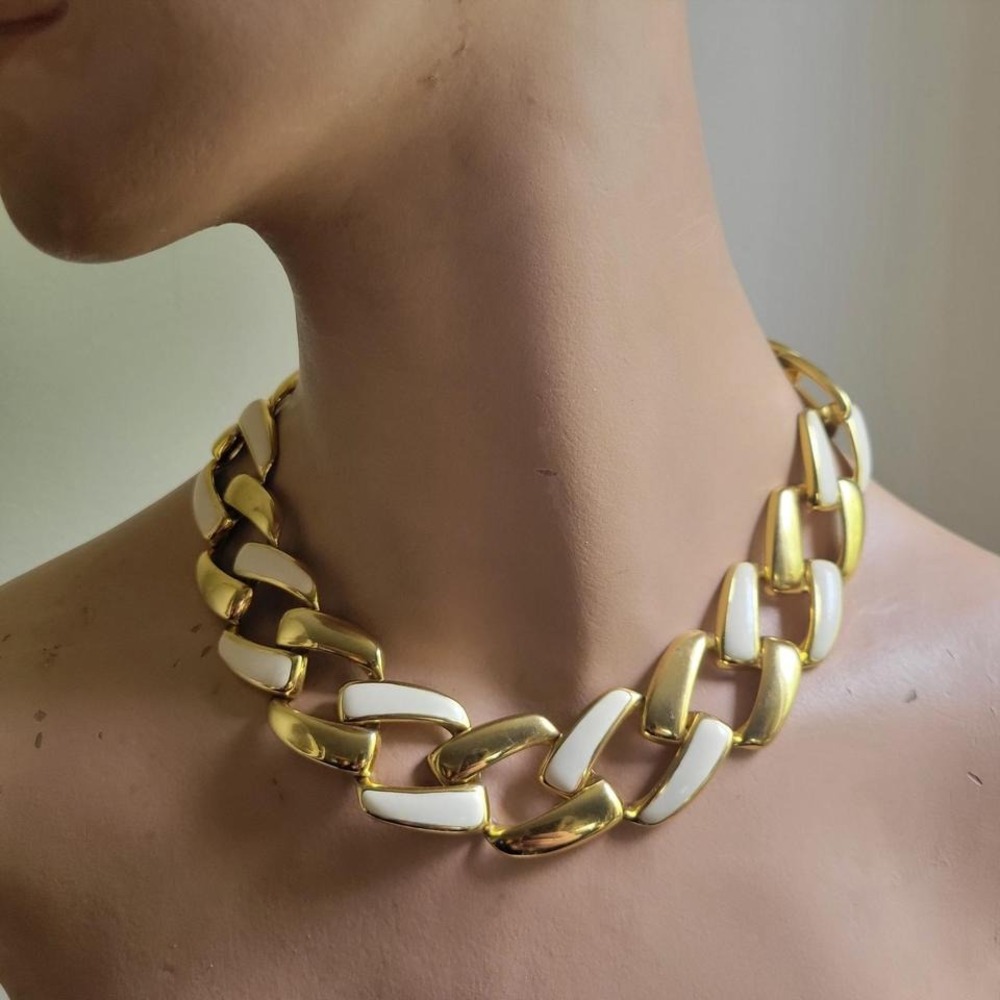 Vintage Gold White Enamel Chunky Link Curb Chain Collar Necklace Preppy 80s‎ 90s